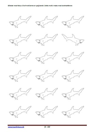 Elevopgave: Figurerne males og den spejlvendte figur males i en kontrastfarve. Tema: Havet, Fisk og havdyr.