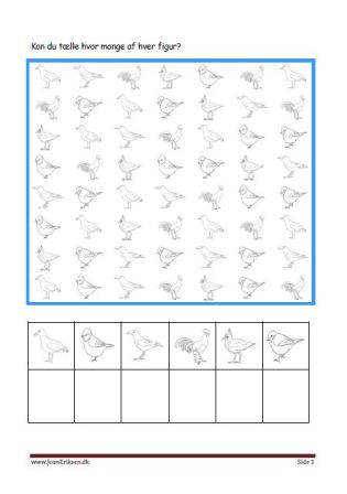 Elevopgaver til matematik Eleverne tælle hvor mange af hver og skriver det. Tema Fugle