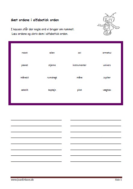 Skriv ordene i alfabetisk orden. Elevopgave til træning af alfabetisk rækkefølge. Rummet