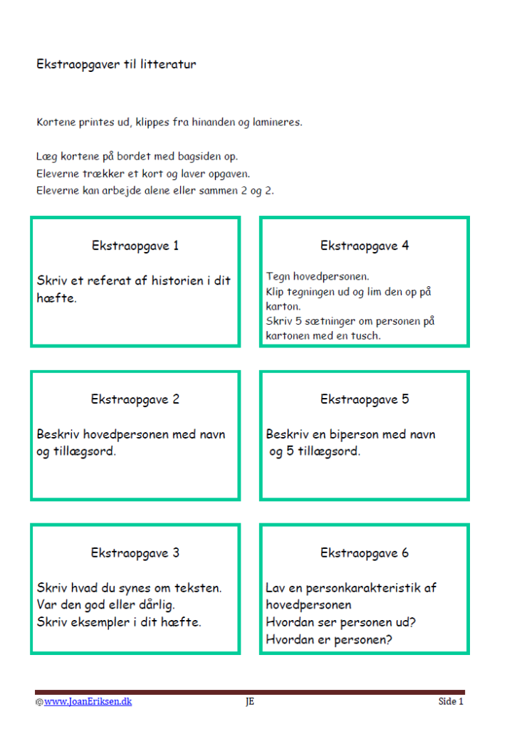 Opgavekort til litteratur. Bevægelse i skolen.