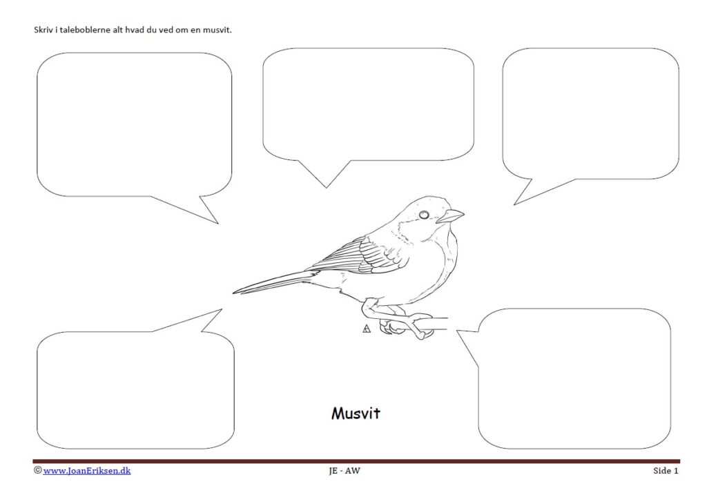 Beskriv i taleboblerne Musvit. Opgave til undervisning i temaet Fugle.