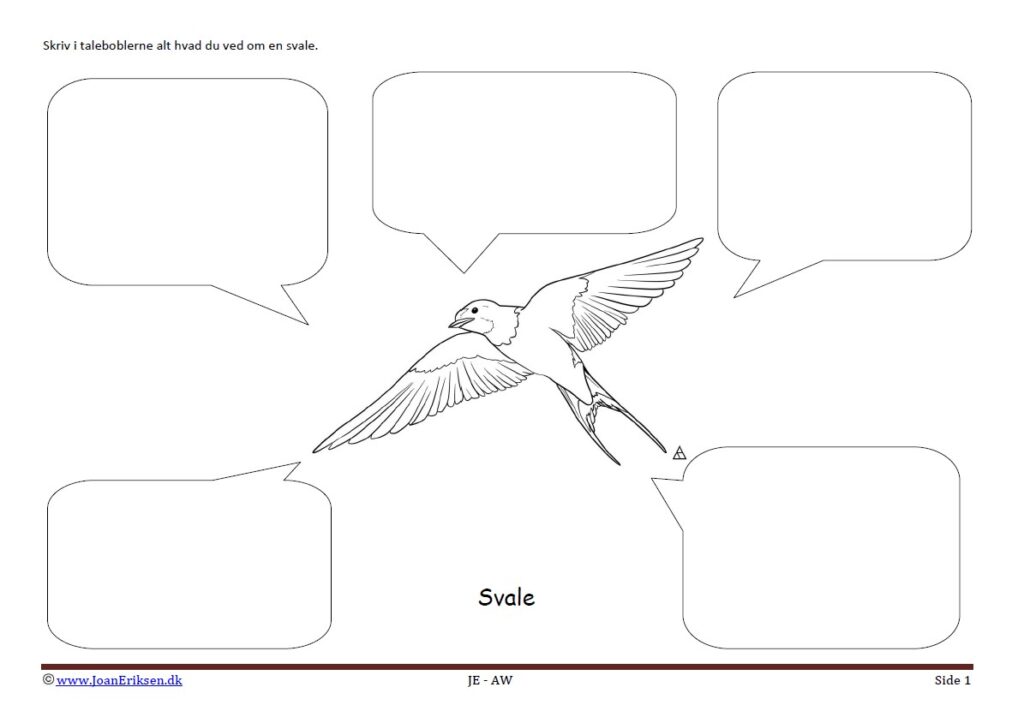 Beskriv i taleboblerne Svale. Opgave til undervisning i temaet Fugle.