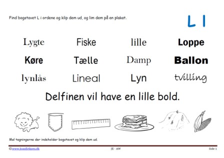 Elevopgave til dansk: Find bogstavslyden. Mal illustrationerne og klip dem ud.